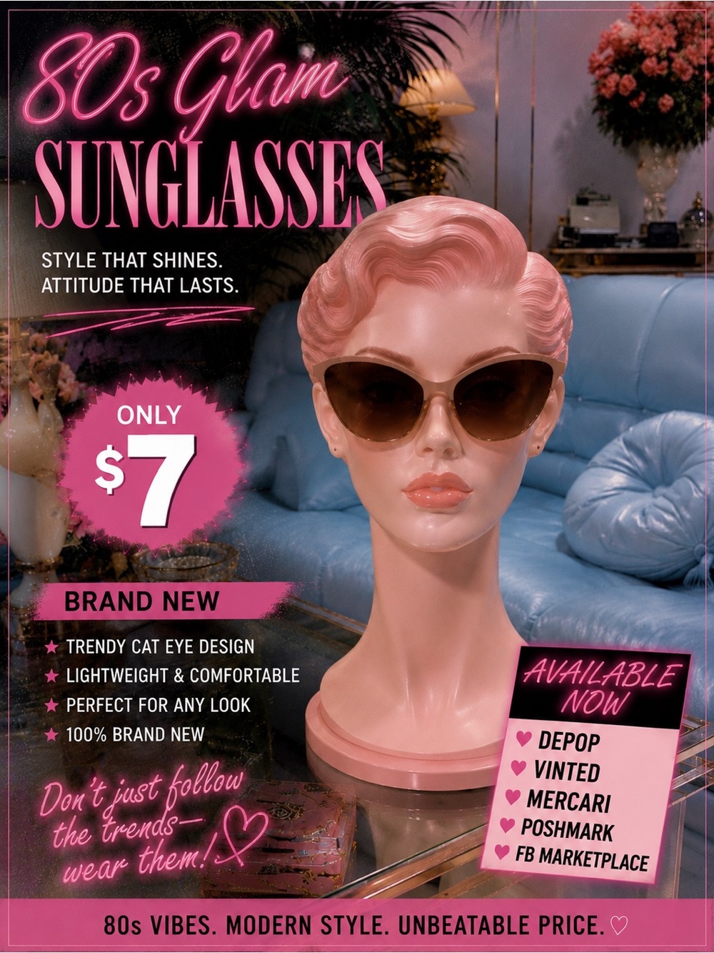 80s Glam Cat Eye Sunglasses – Pink